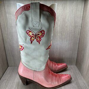 Sancho Wester Boots Womens 9 Butterfly Embroidered Handcrafted Leather White Red